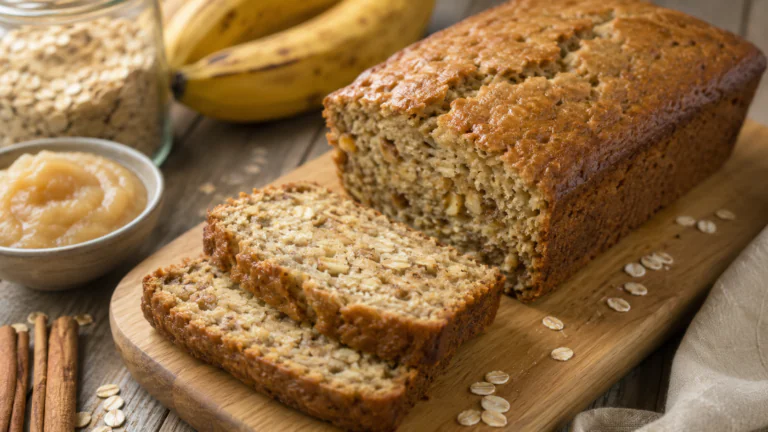 Cake moelleux aux flocons d’avoine et banane sans sucre ajouté, coupé en tranches sur une planche en bois