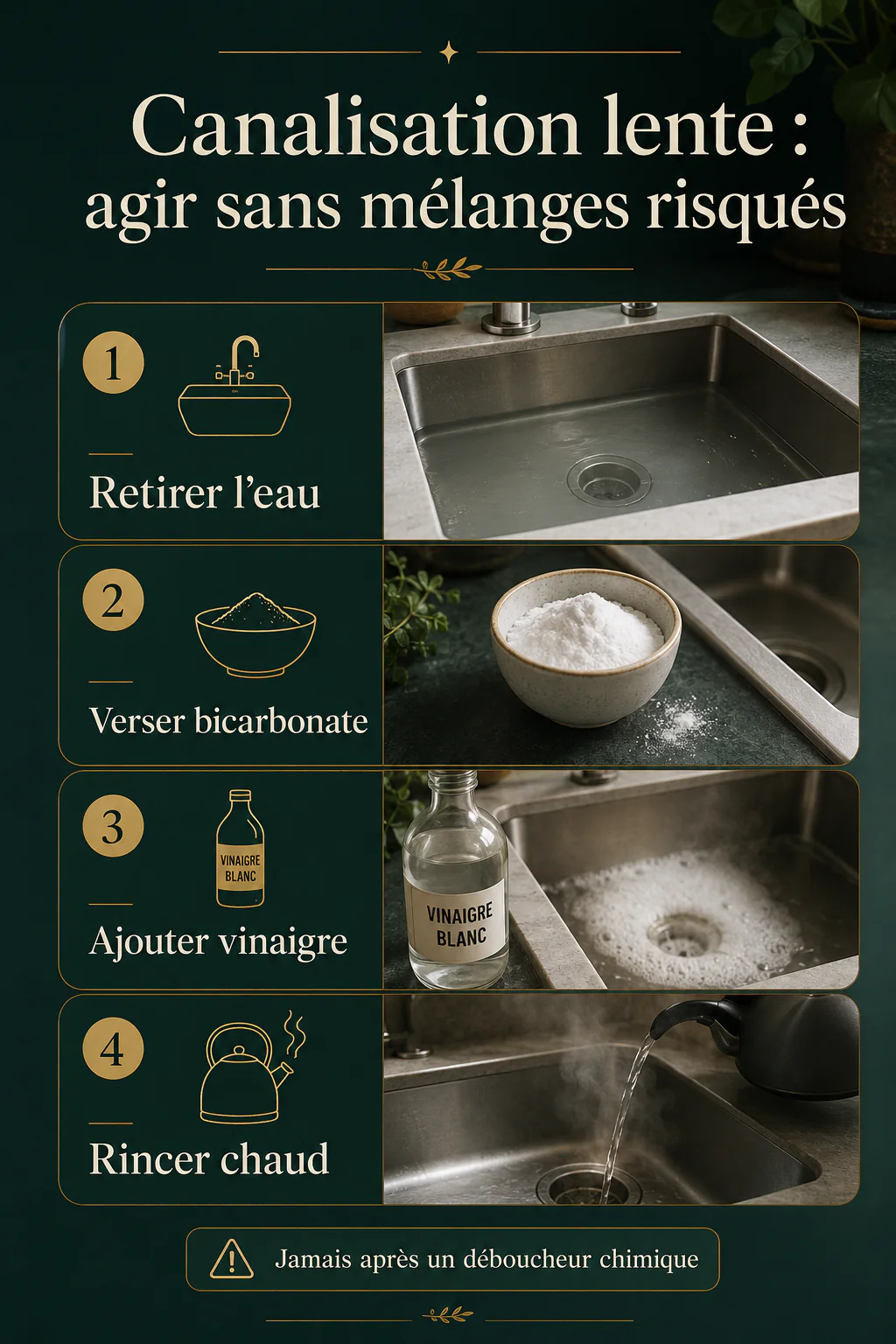 Infographie des étapes pour entretenir une canalisation lente sans mélanges risqués