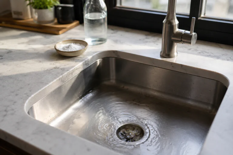 Évier de cuisine avec canalisation lente et nettoyage doux au bicarbonate
