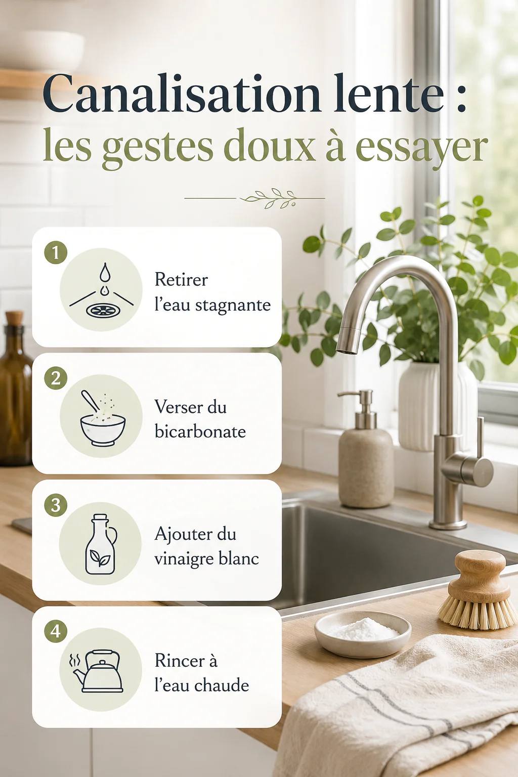 Infographie des étapes pour entretenir une canalisation lente au bicarbonate