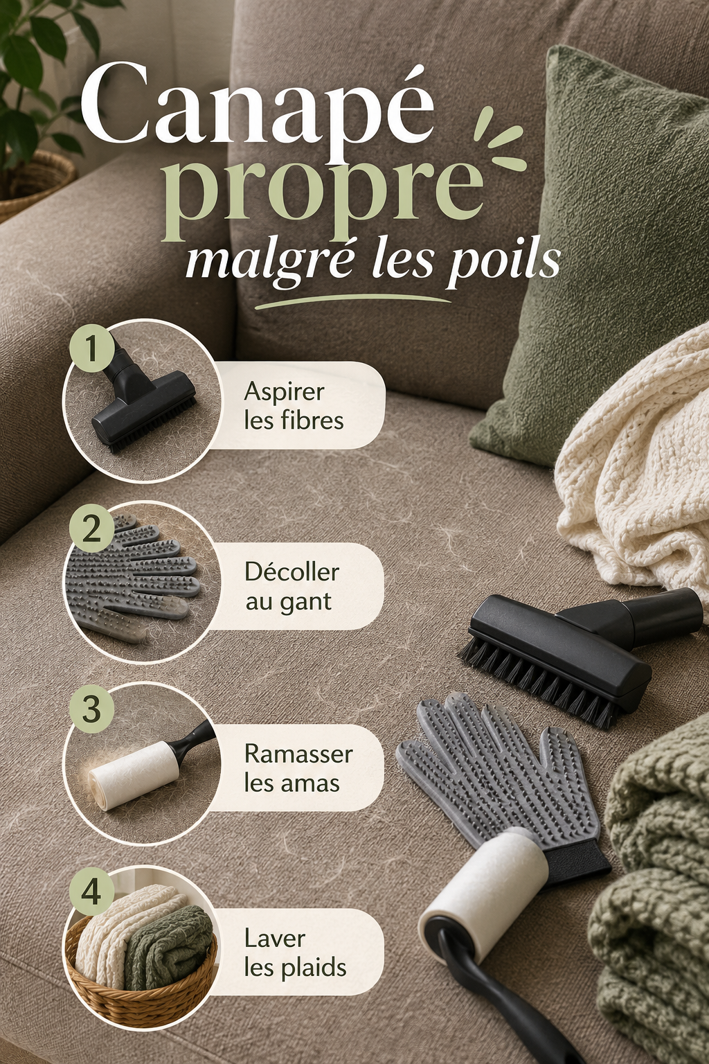 Infographie Pinterest pour garder un canapé propre malgré les poils