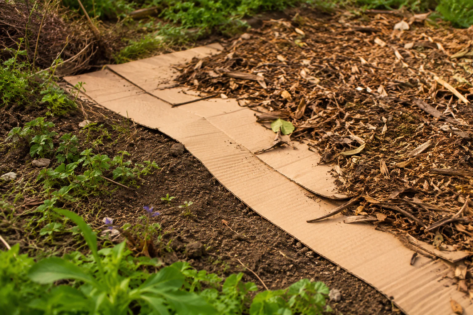 Carton brun utilisé sous paillage pour préparer une zone de jardin