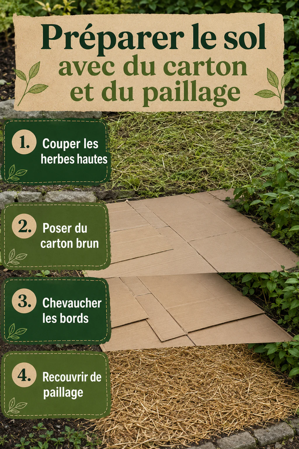 Infographie pour préparer le sol avec du carton et du paillage