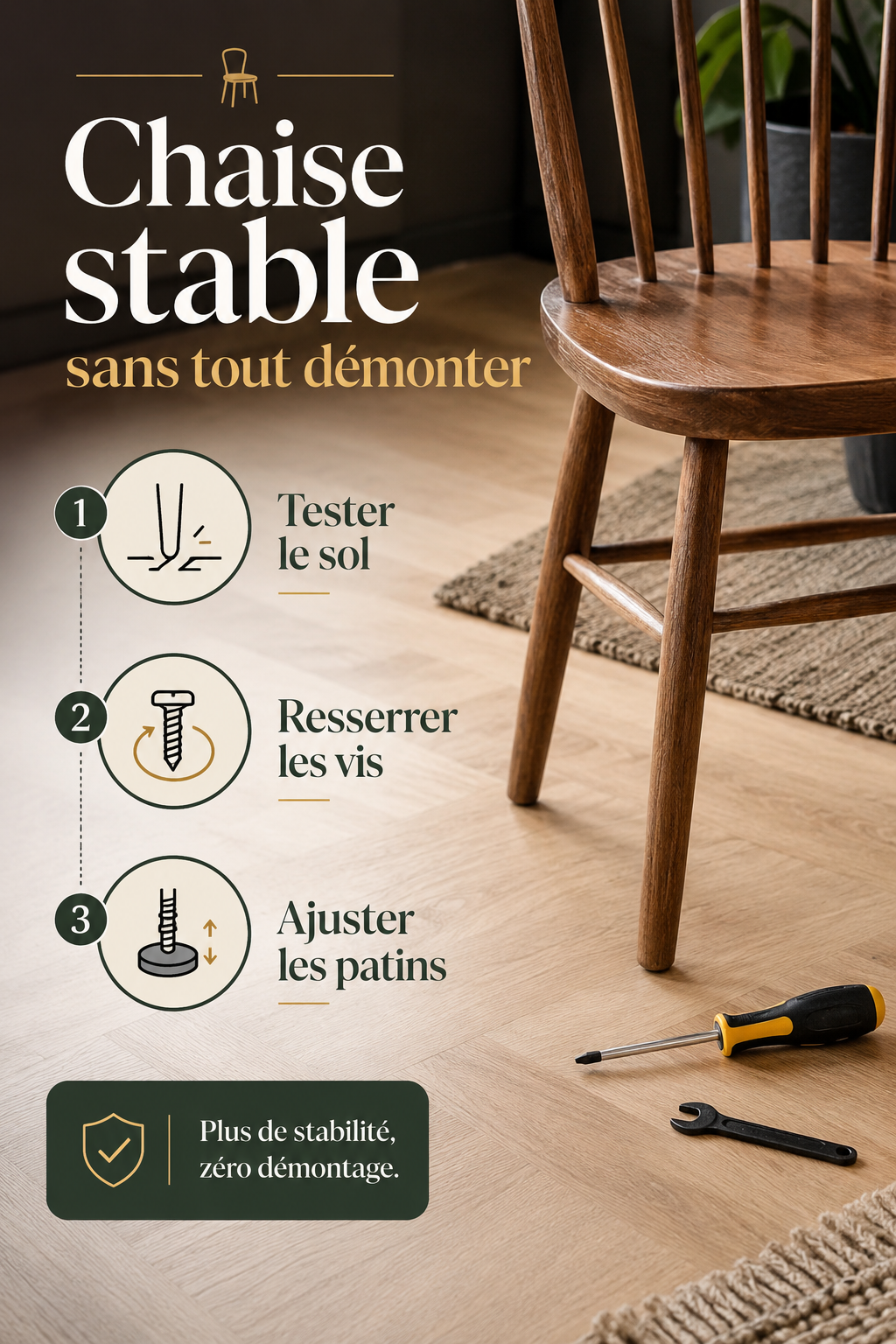 Infographie avec trois gestes pour stabiliser une chaise sans tout démonter