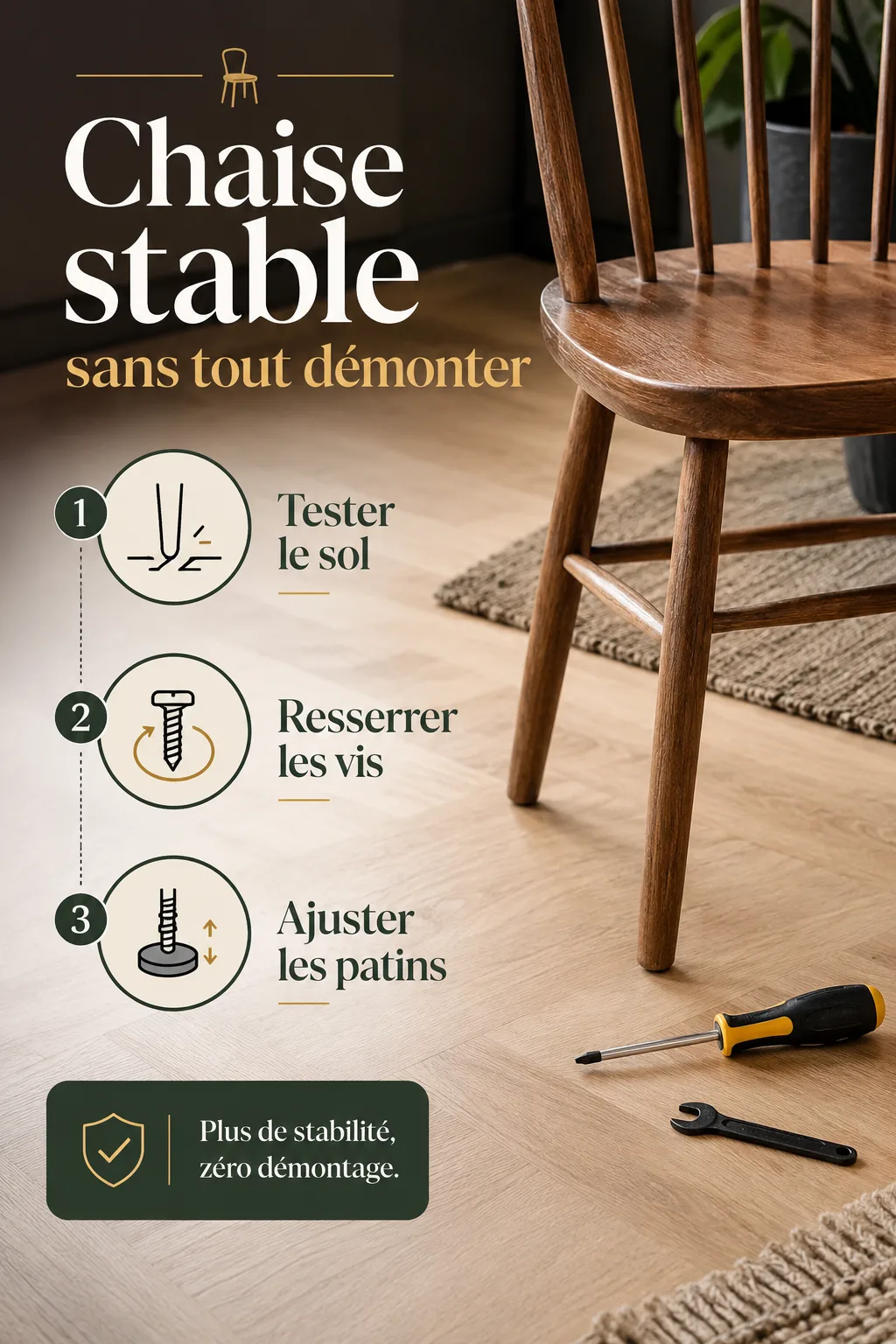 Infographie avec trois gestes pour stabiliser une chaise sans tout démonter