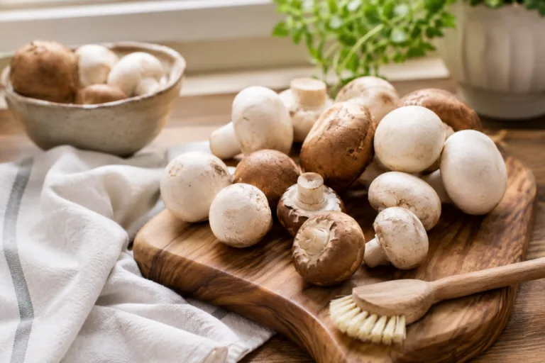 Champignons de Paris sur planche avec brosse douce et torchon