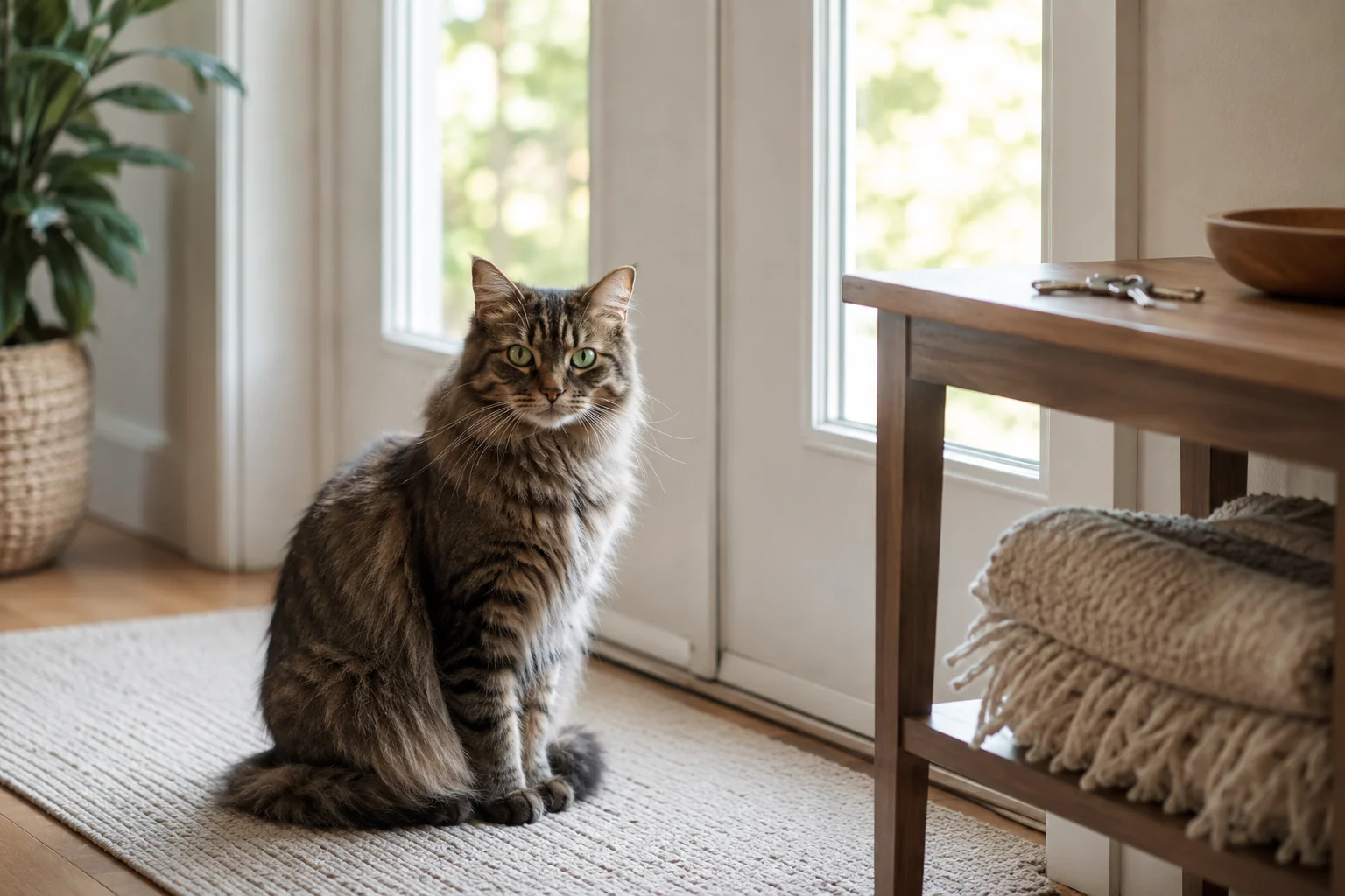 Chat calme près de la porte avec des clés posées sur une console