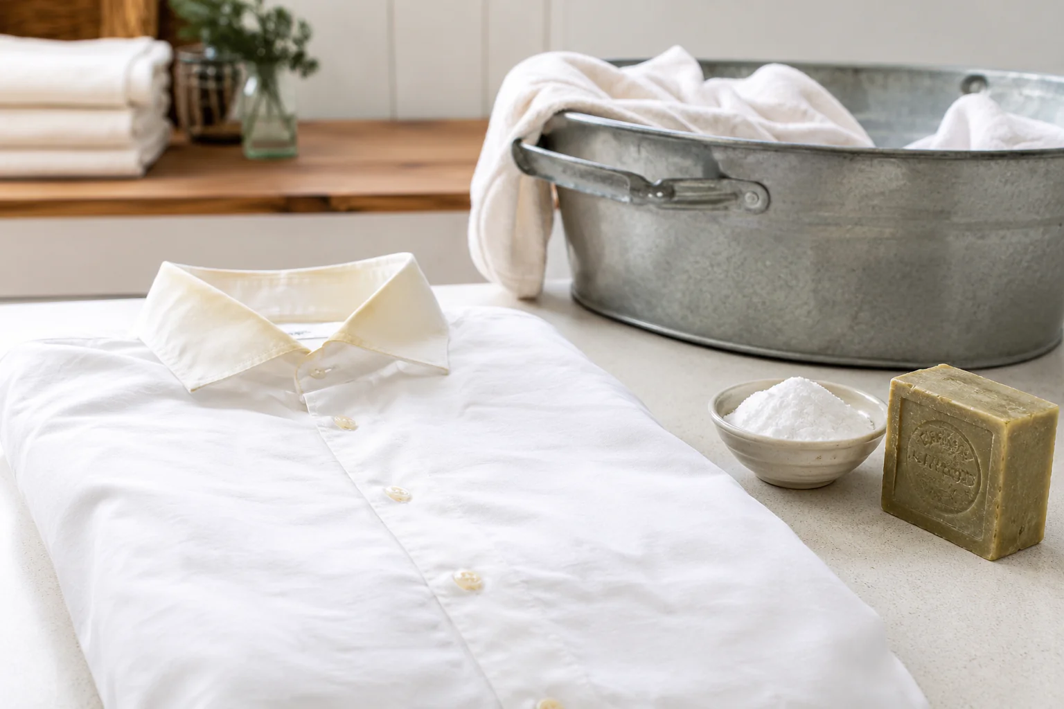 Chemise blanche avec col légèrement jauni avant entretien doux