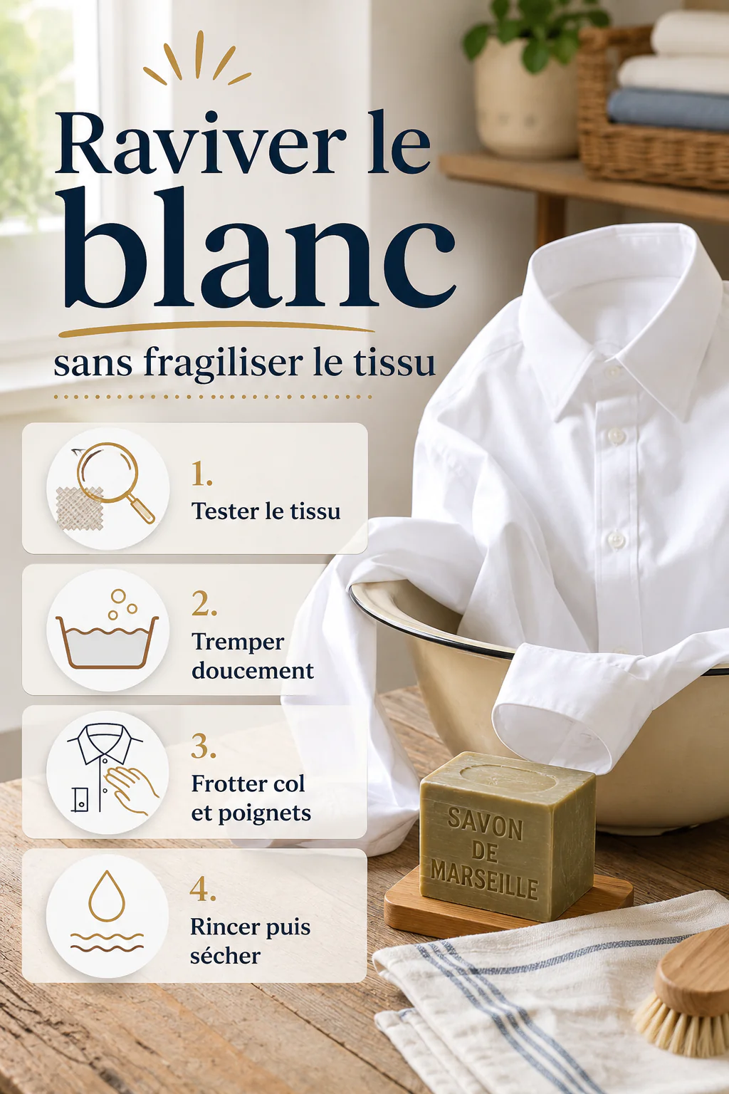 Infographie avec les étapes pour raviver le blanc sans fragiliser le tissu