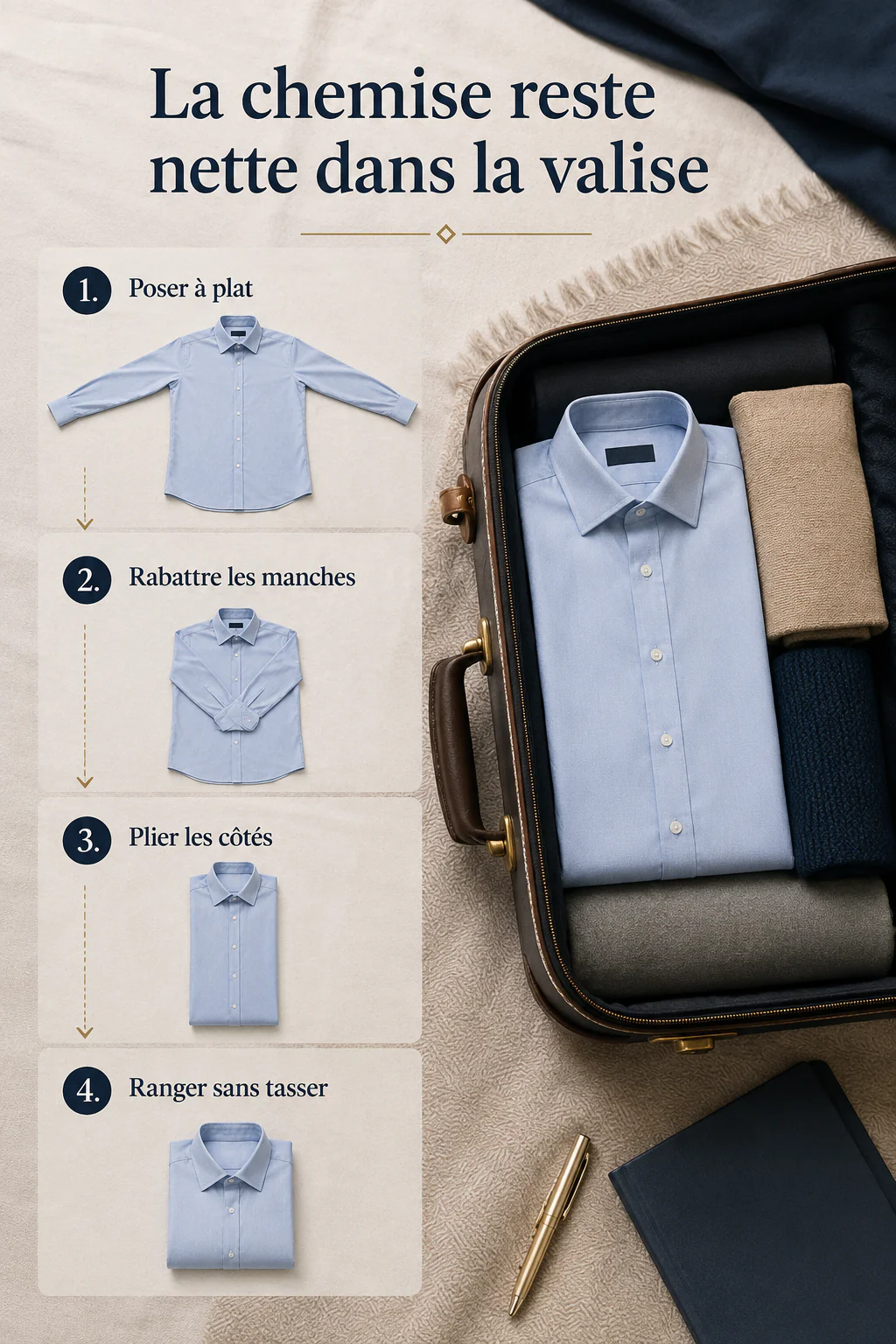 Infographie avec les étapes pour garder une chemise nette dans une valise