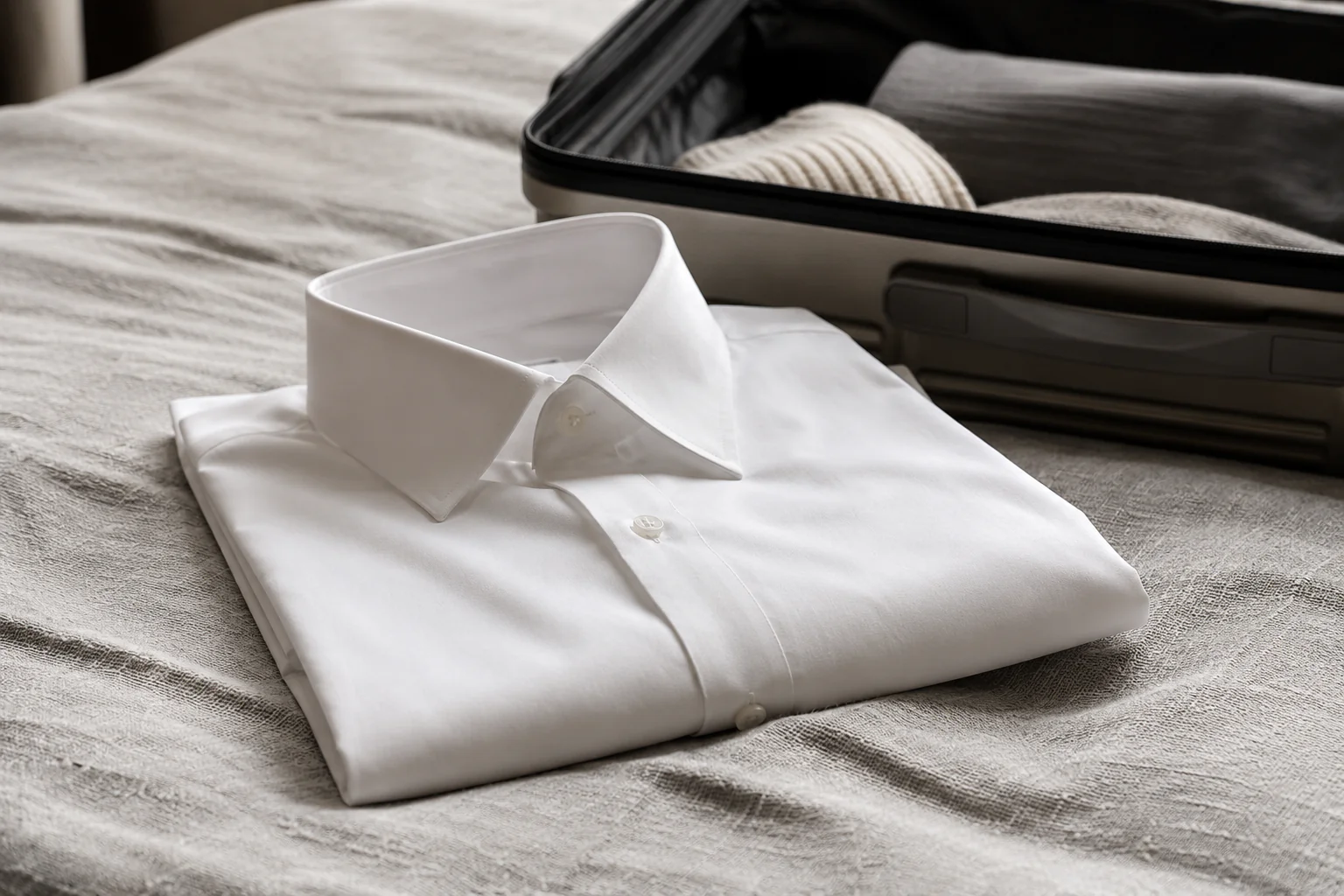 Chemise pliée avec soin près d'une valise ouverte
