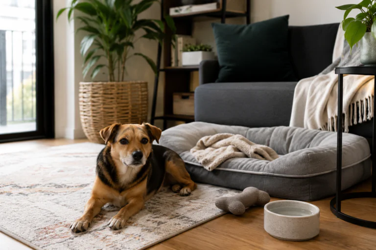 Chien calme dans un petit appartement avec panier, jouet et gamelle d'eau