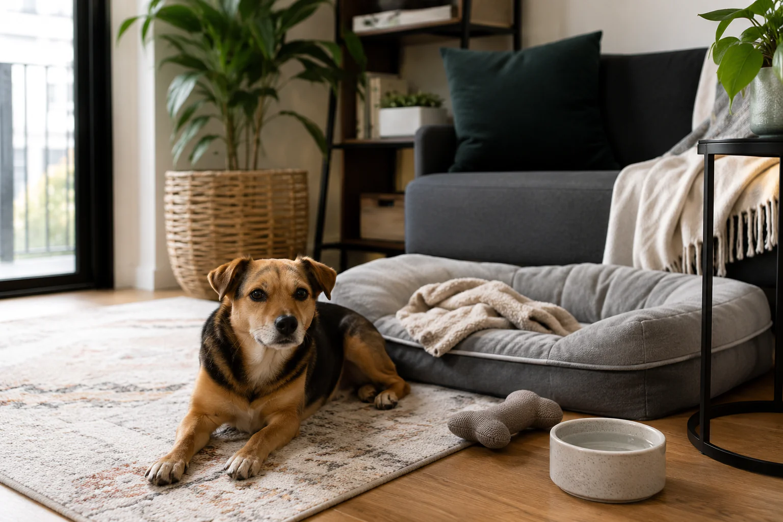 Chien calme dans un petit appartement avec panier, jouet et gamelle d'eau