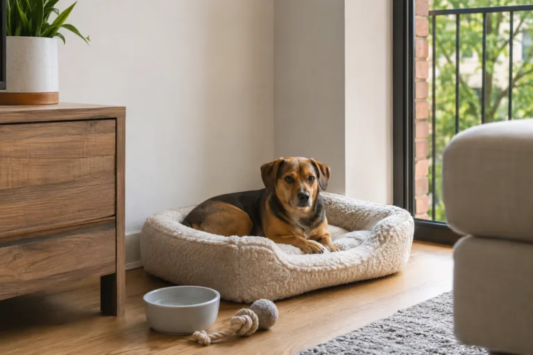 Chien calme dans un coin confortable de petit appartement avec panier et gamelle