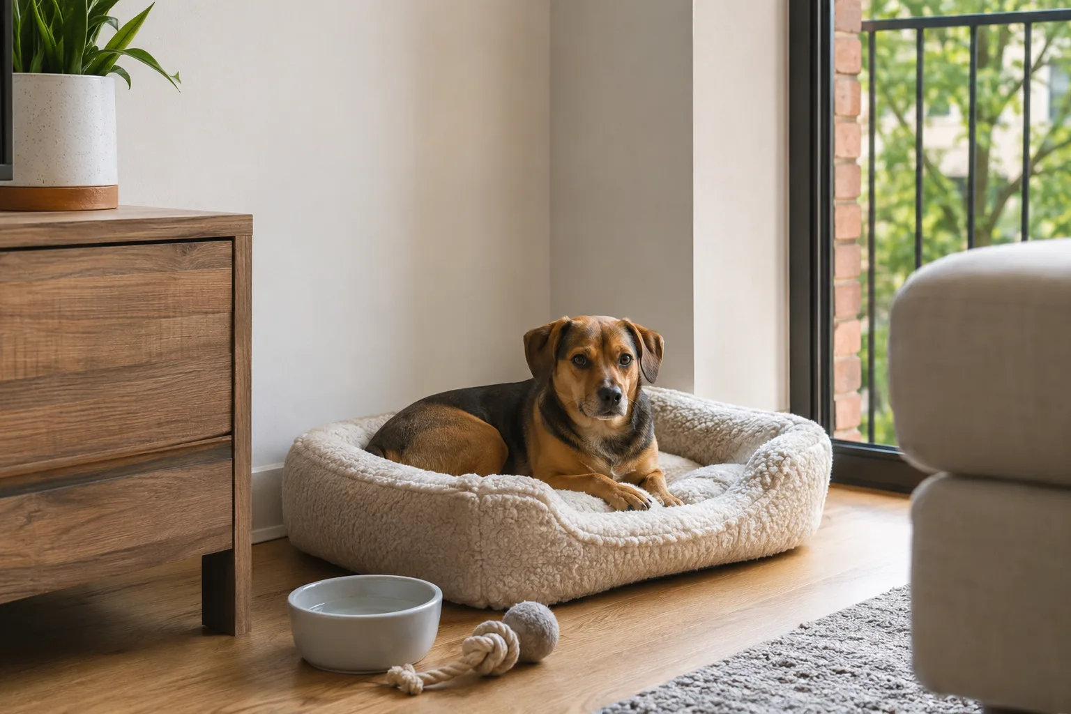 Chien calme dans un coin confortable de petit appartement avec panier et gamelle