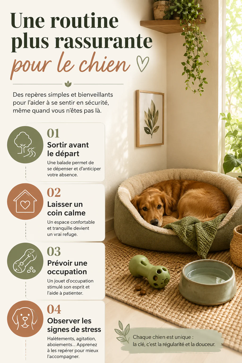Infographie des étapes pour une routine rassurante quand un chien reste seul
