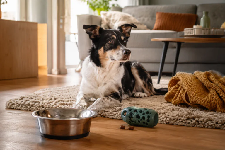 Chien calme dans un espace confortable avec jouet et gamelle d’eau