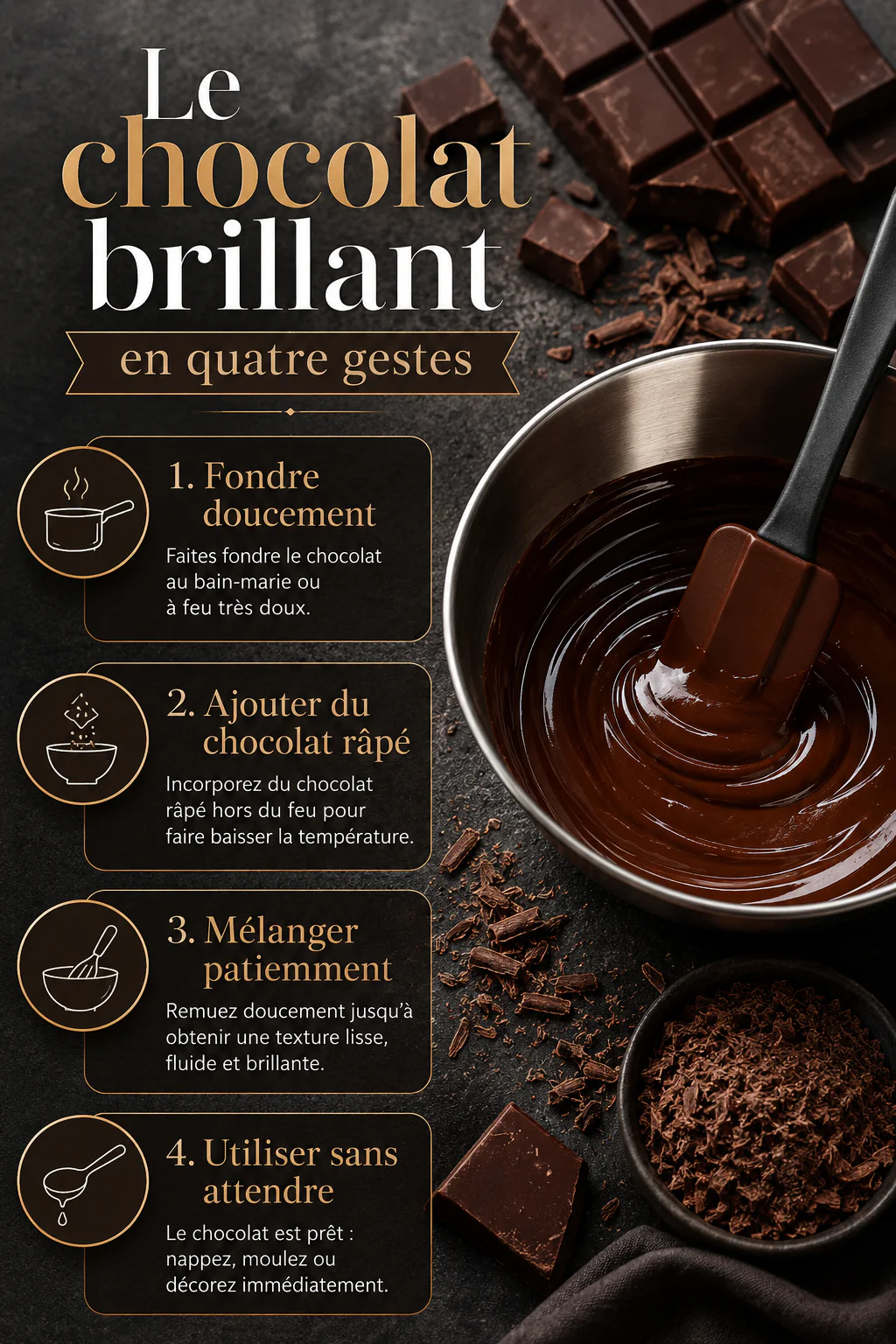 Infographie indiquant les quatre gestes pour obtenir un chocolat fondu brillant sans thermomètre