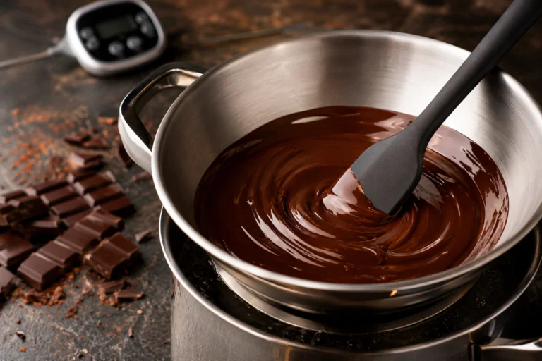 Chocolat fondu brillant dans un bol au bain-marie avec morceaux de chocolat noir