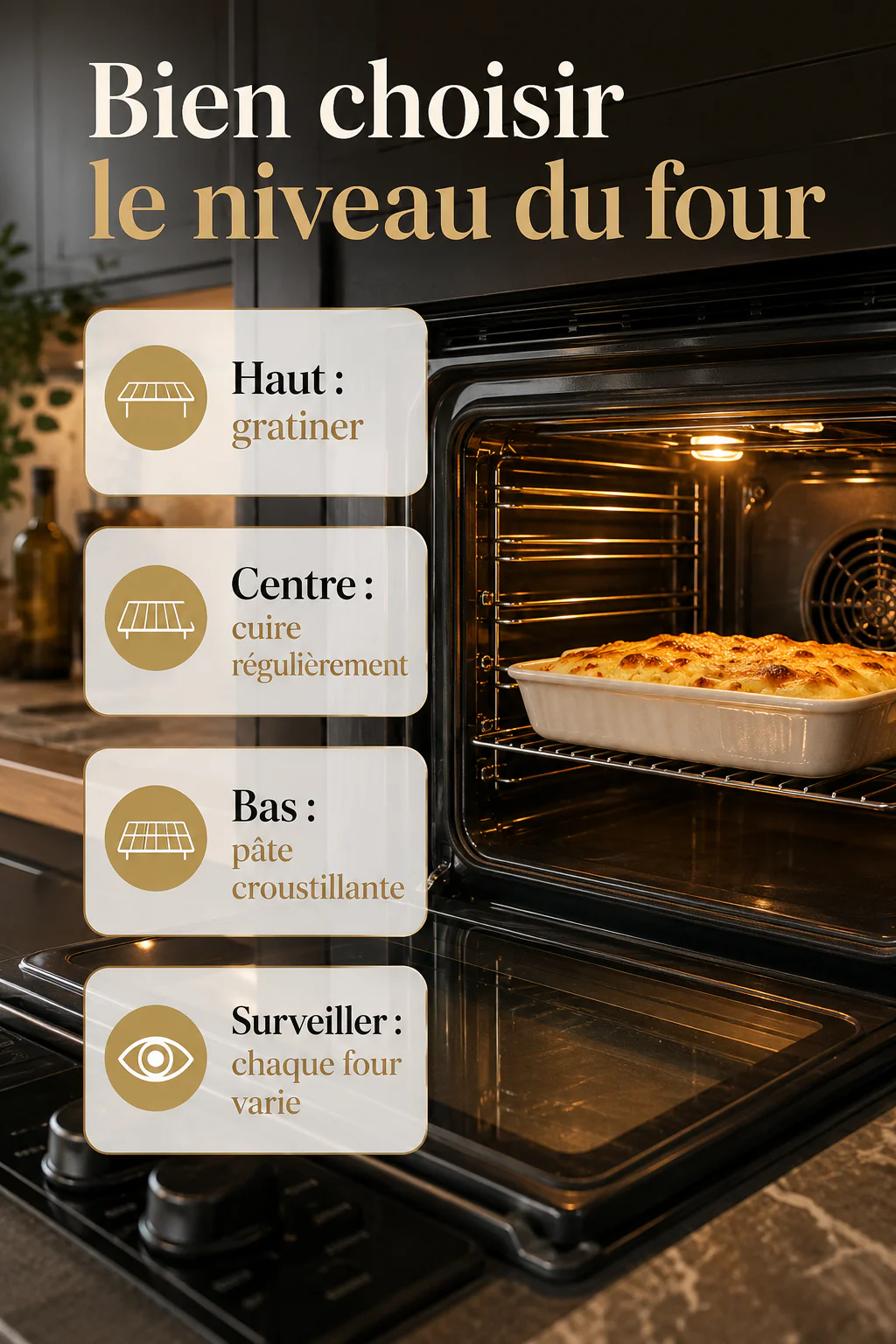 Infographie expliquant quel niveau du four choisir pour gratiner, cuire ou rendre une pâte croustillante