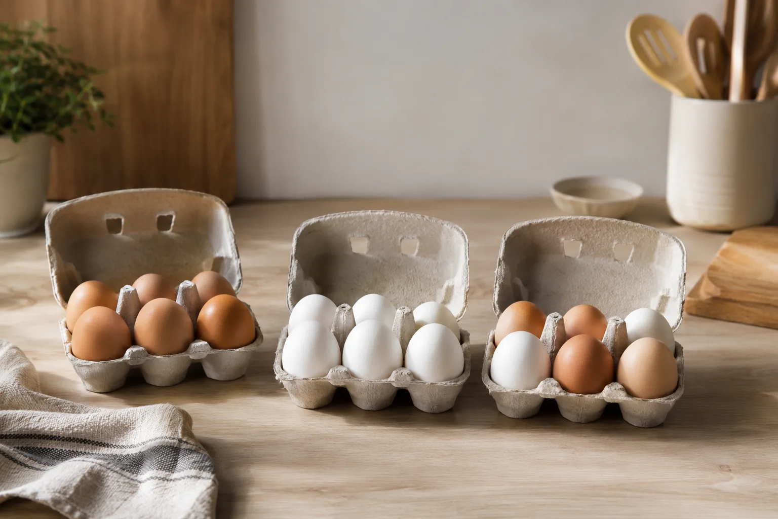 Trois boites d'oeufs ouvertes sur un plan de travail de cuisine