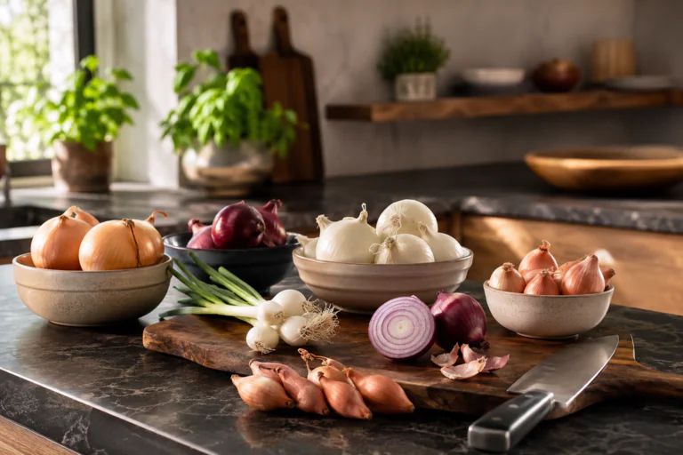 Variétés d'oignons sur un plan de travail pour choisir le bon oignon selon la recette