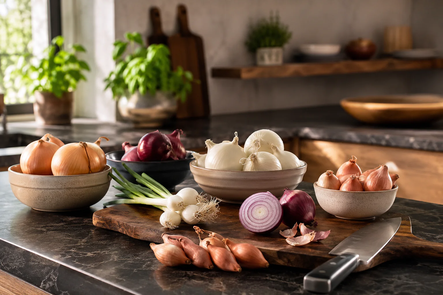 Variétés d'oignons sur un plan de travail pour choisir le bon oignon selon la recette