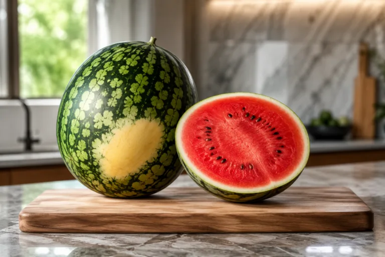 Pastèque entière avec tache jaune et moitié rouge sur une planche en bois