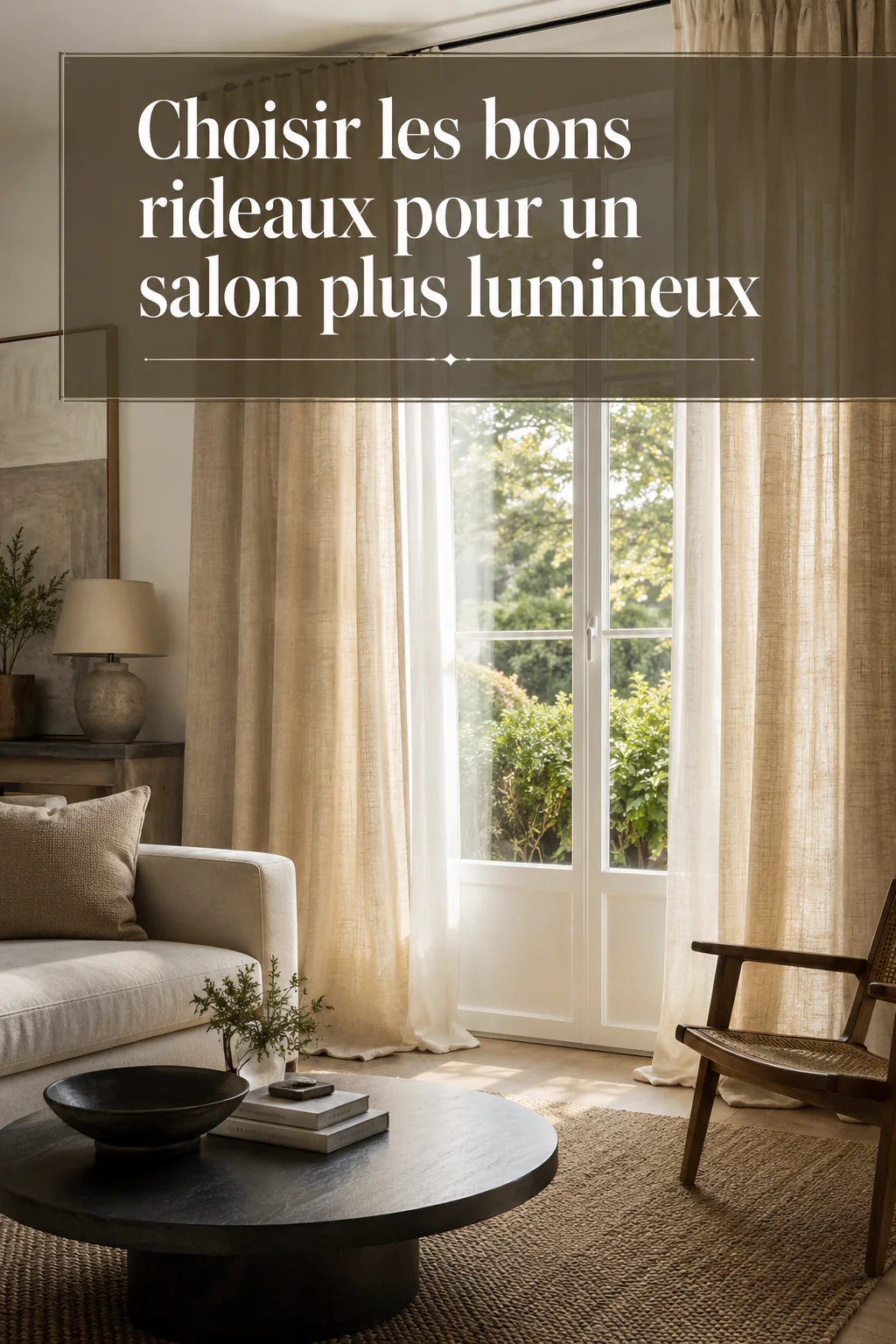 Salon lumineux avec des rideaux clairs et élégants