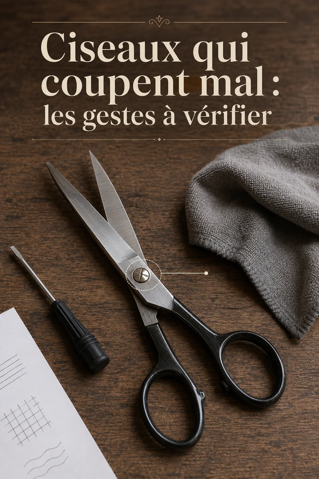 Ciseaux qui coupent mal avec tournevis et chiffon pour vérifier les lames