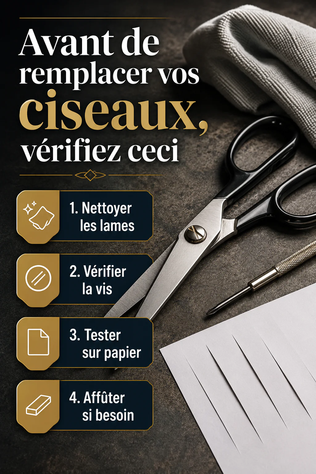 Infographie des étapes pour nettoyer régler et tester des ciseaux qui coupent mal