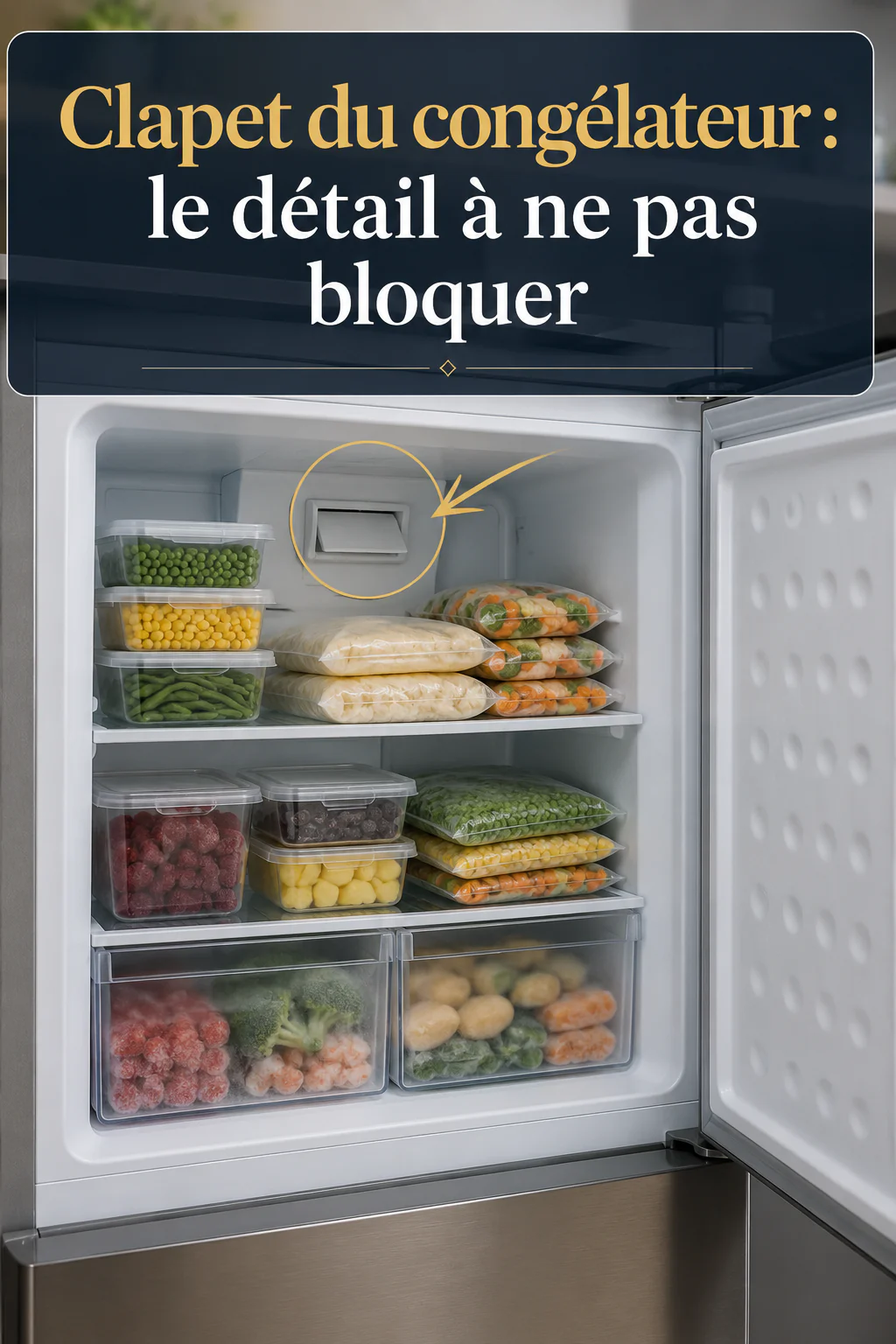 Image Pinterest expliquant pourquoi il ne faut pas bloquer le clapet du congélateur