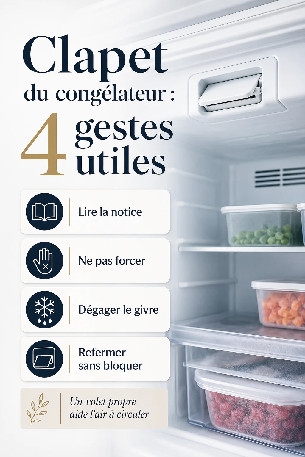 Infographie avec quatre gestes utiles pour garder le clapet du congélateur propre et dégagé