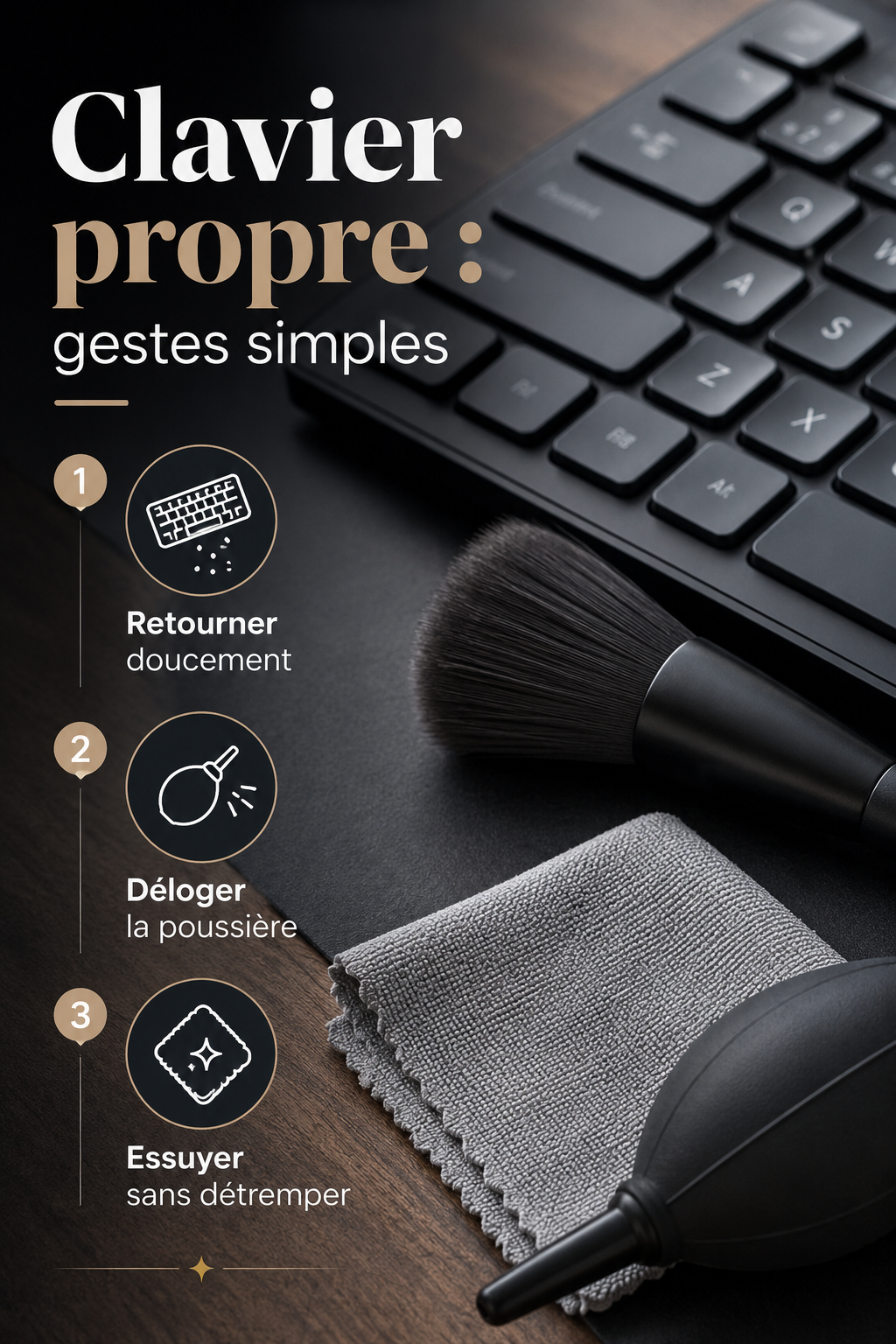Infographie des gestes simples pour nettoyer un clavier d'ordinateur