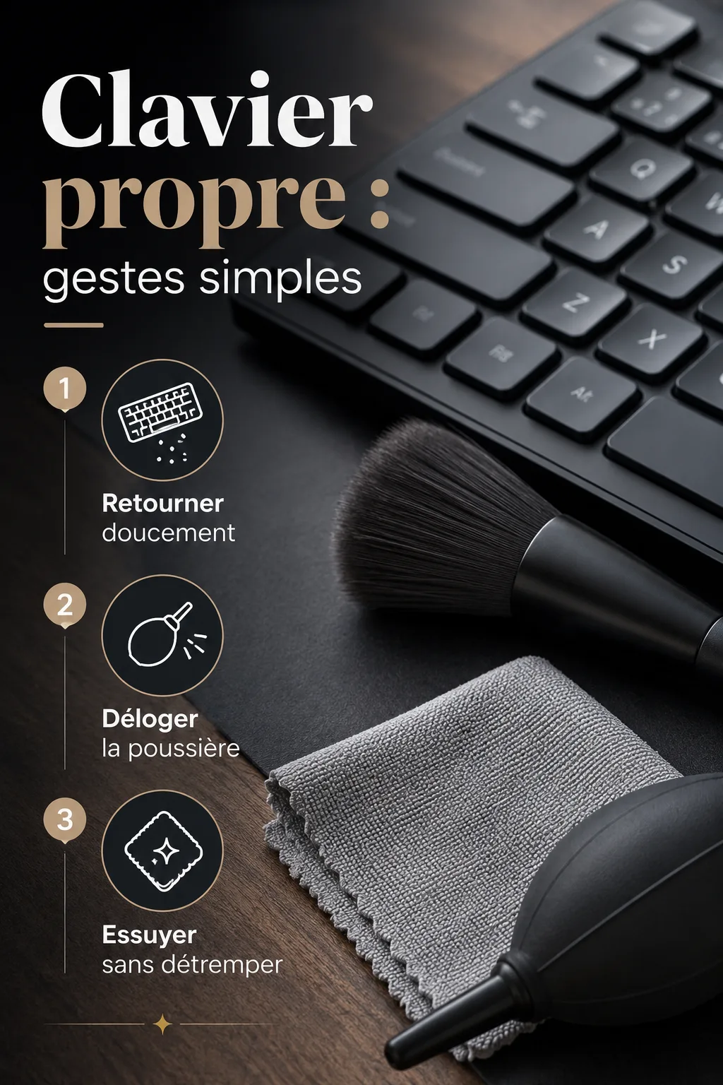 Infographie des gestes simples pour nettoyer un clavier d'ordinateur