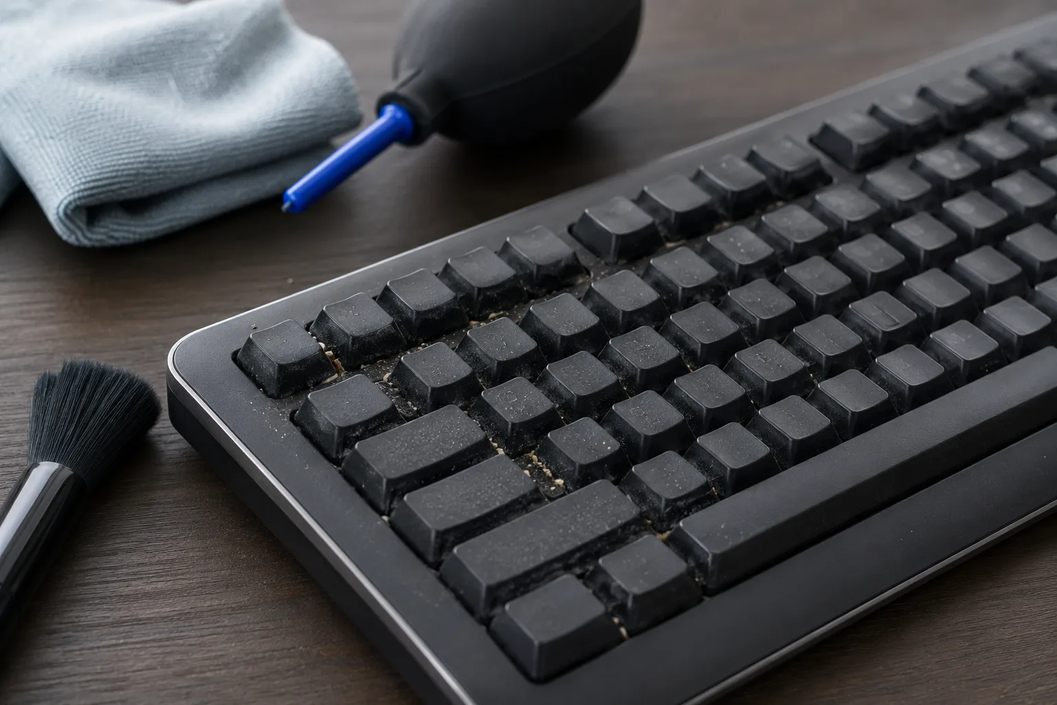 Clavier d'ordinateur poussiéreux avec pinceau doux et chiffon microfibre