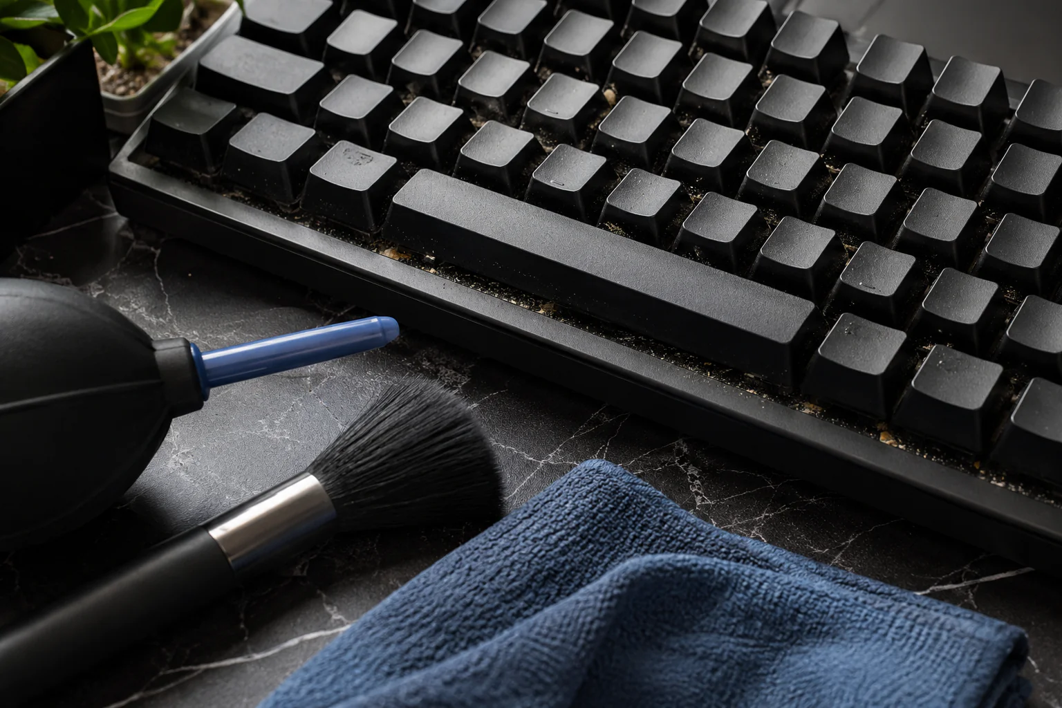 Clavier poussiereux avec outils doux de nettoyage