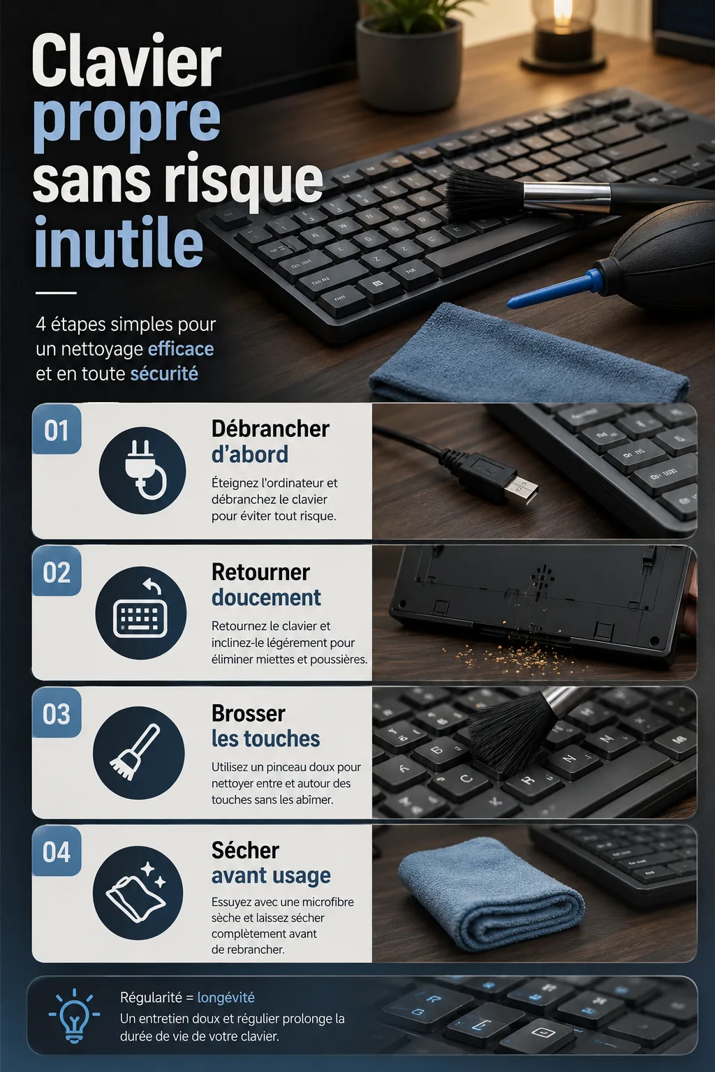 Infographie avec les étapes pour nettoyer un clavier d'ordinateur sans l'abîmer