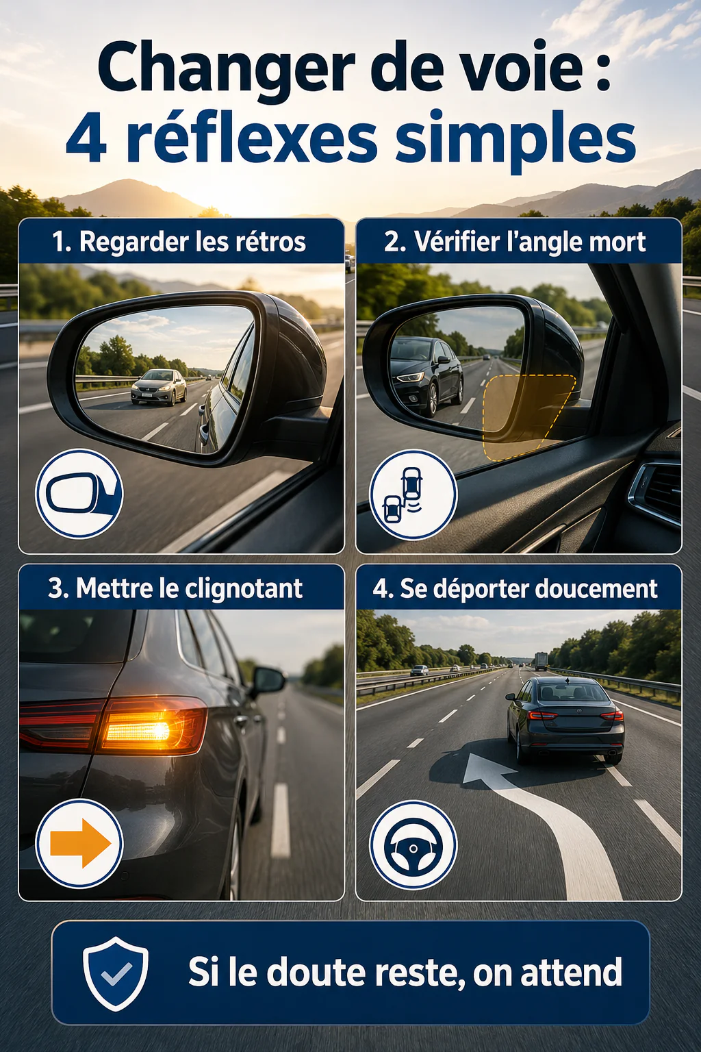 Infographie indiquant quatre réflexes simples pour changer de voie sur autoroute