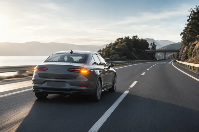 Voiture sur autoroute avec clignotant allumé avant de changer de voie