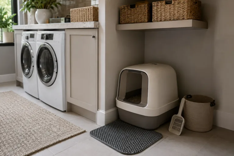 Coin litière de chat propre avec tapis de sortie et accessoires rangés