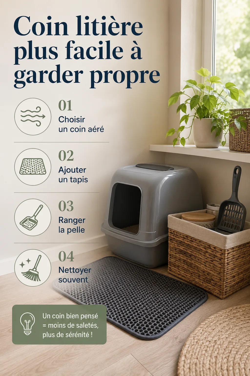 Infographie avec étapes courtes pour garder le coin litière propre