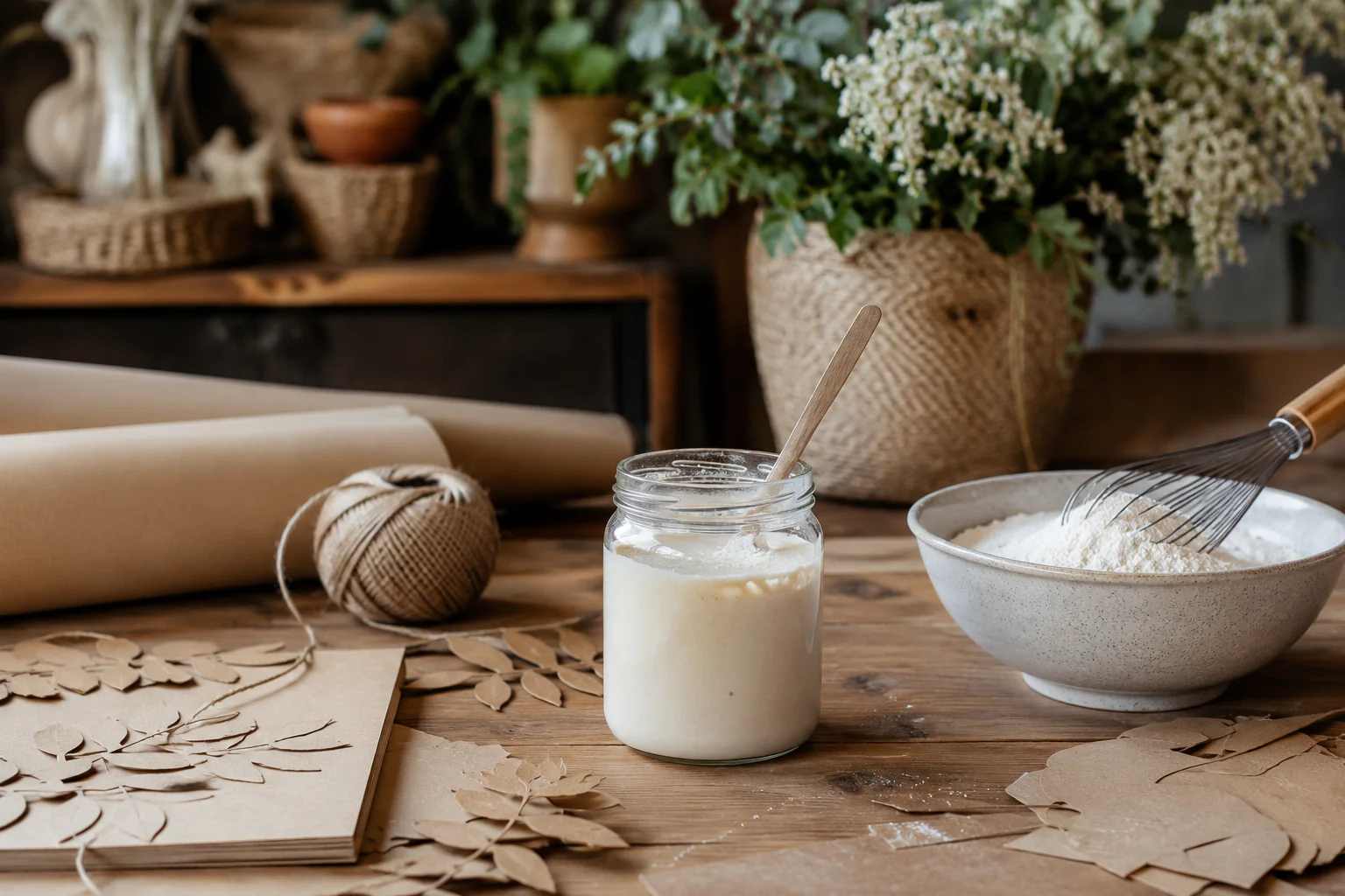 Pot de colle maison avec farine, papier et carton