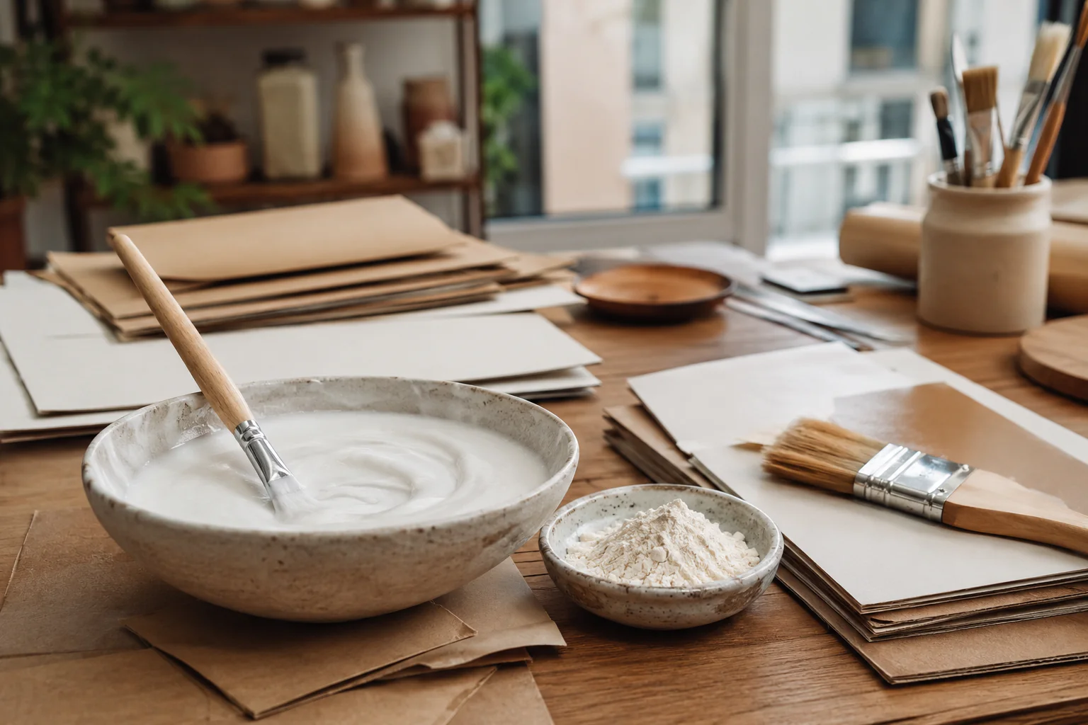 Bol de colle maison avec papier carton farine et pinceau