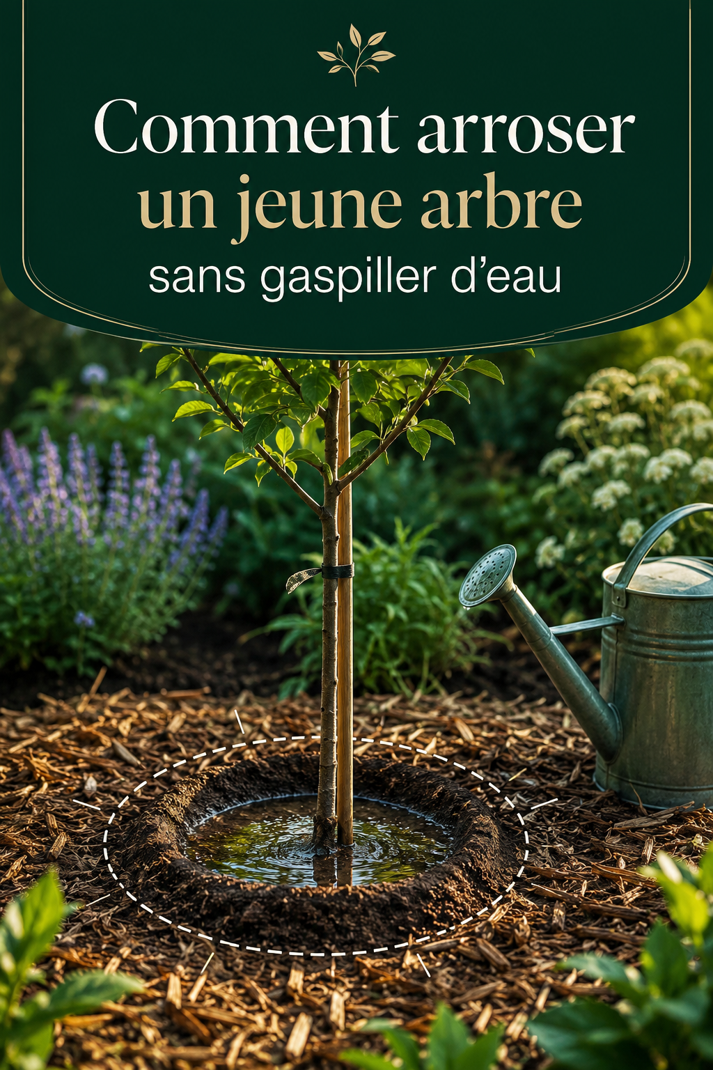 Visuel Pinterest sur l'arrosage d'un jeune arbre sans gaspiller d'eau