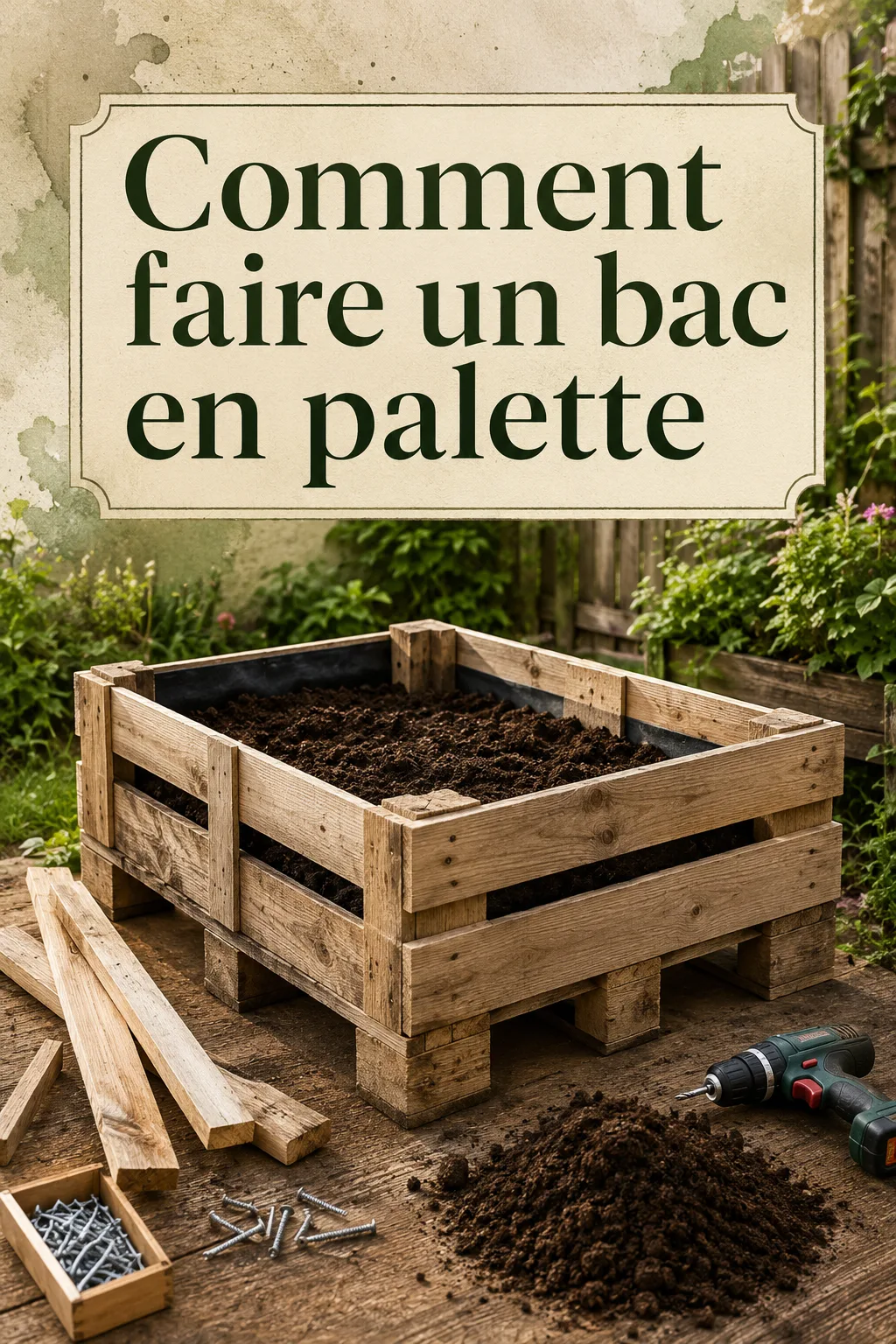 Image Pinterest montrant comment faire un bac en palette pour le jardin