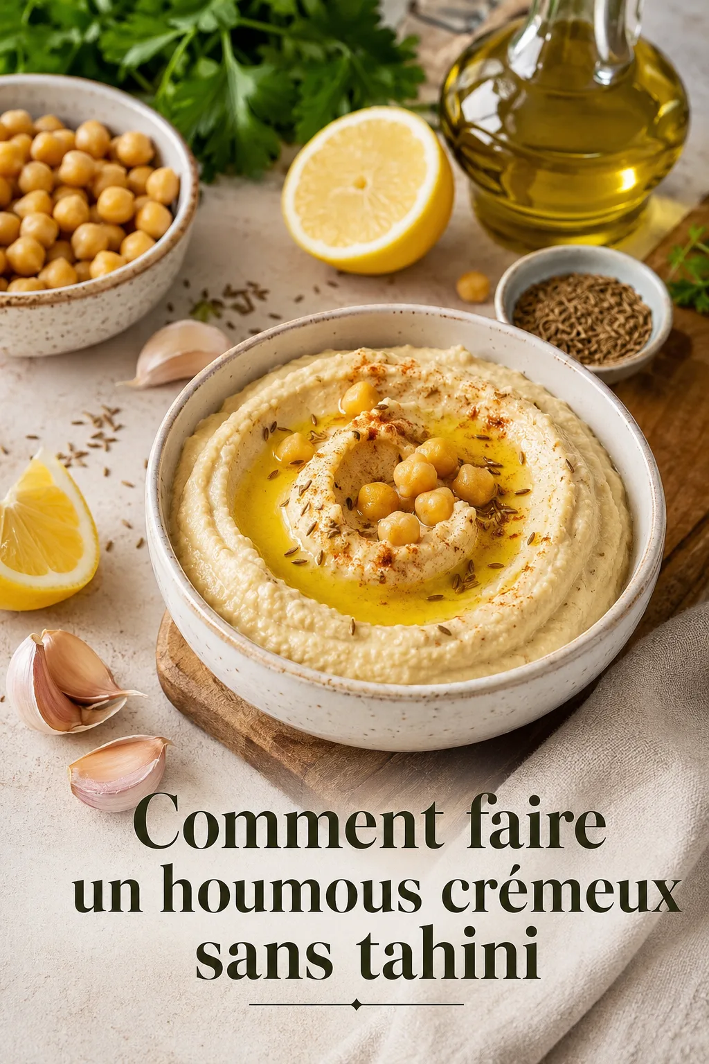 Houmous maison avec pois chiches, citron et huile d'olive, avec un titre Pinterest sur le houmous sans tahini