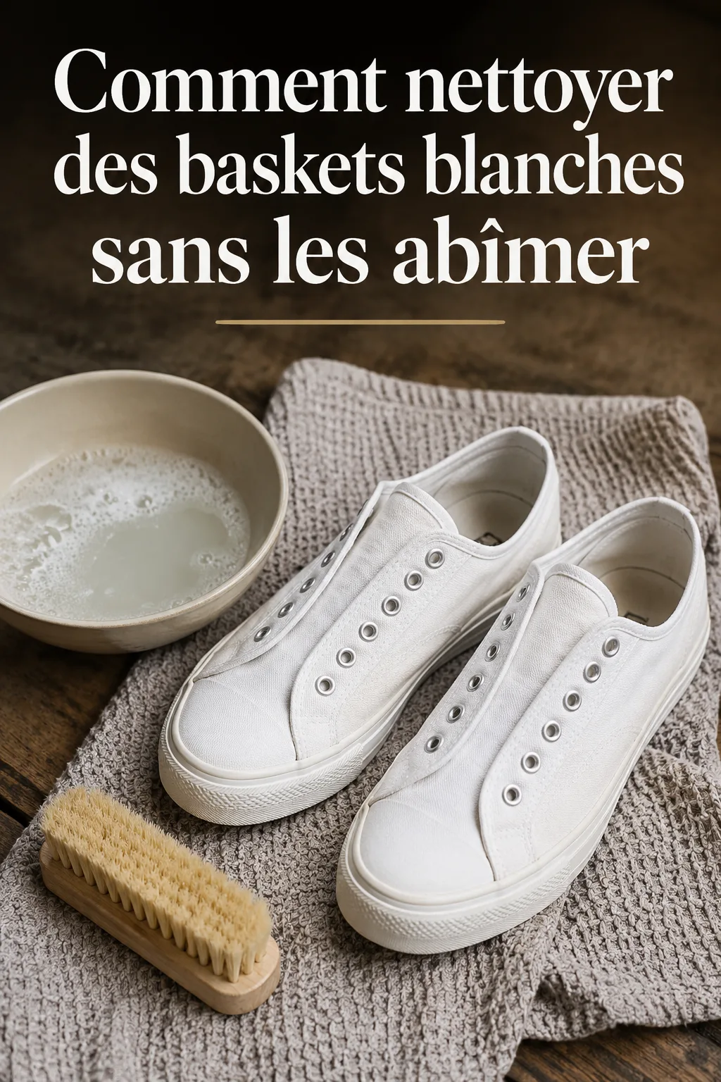 Baskets blanches nettoyées doucement avec titre Pinterest