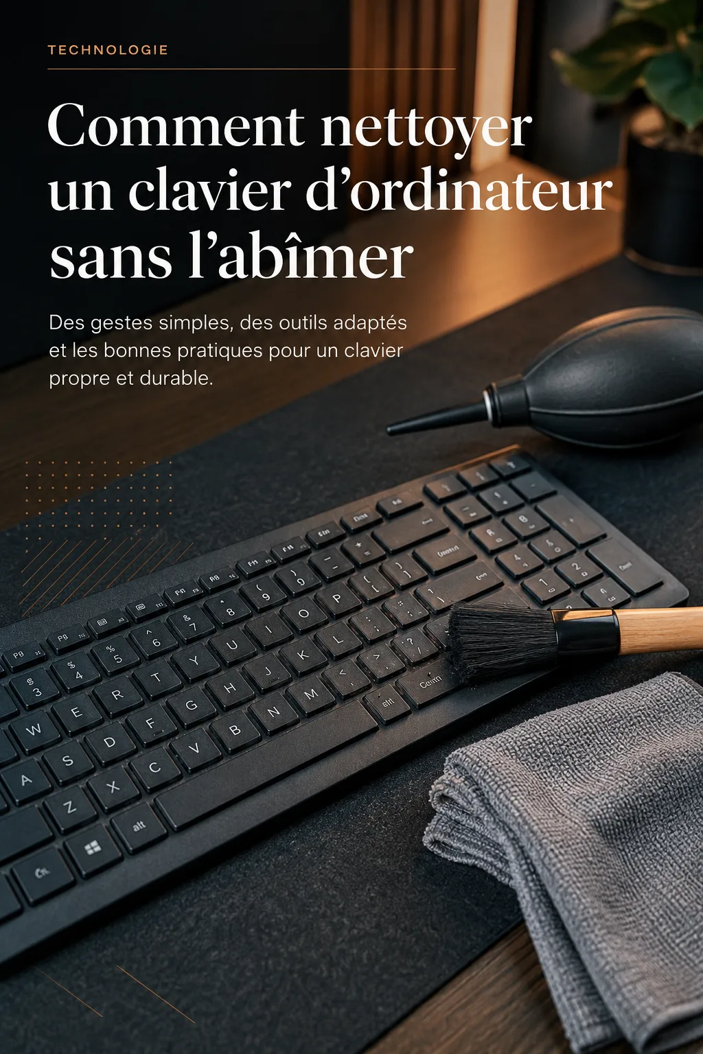Clavier d'ordinateur nettoyé avec pinceau et microfibre, avec titre Pinterest sur le nettoyage sans l'abîmer