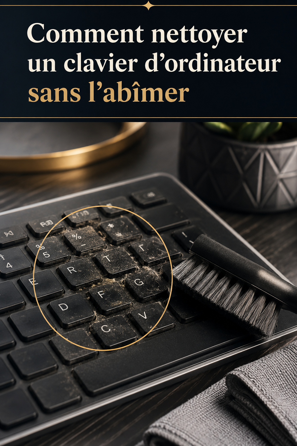 Visuel Pinterest sur le nettoyage d'un clavier d'ordinateur